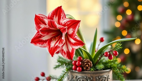Amaryllis in a festive pot, decorated with pinecones and berries,   christmas flower, amaryllis