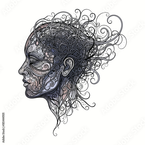 Profile of a face designed with flowing black curved lines, representing anxiety, overthinking, emotional complexity, and mental stress.