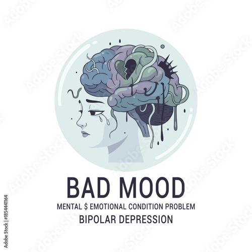 Cute woman head with sad brain inside. Bad mood, mental, emotional condition problem concept. Vector hand drawn cartoon character illustration icon. Bipolar disorder, depression concept