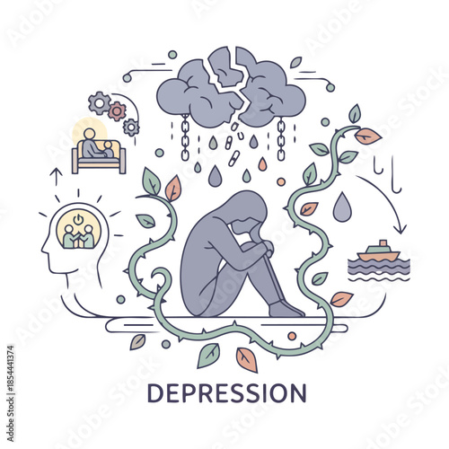 Depression, in line design. Mental health, sadness, therapy, emotional distress, mental illness, mood disorder on white background vector. For the theme Depression