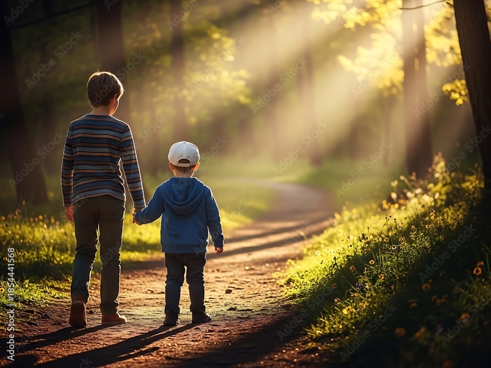Obraz premium Two Little Boys Walking Together in Sunlit Magic Forest. Generative Ai