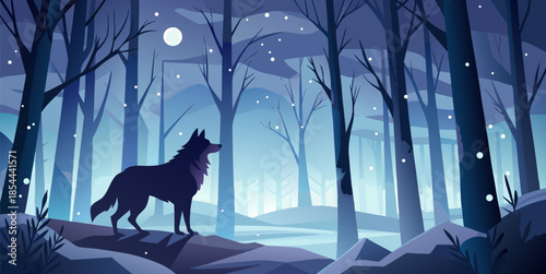 Winter forest landscape with wolf silhouette under full moon, snowy weather, minimalist flat vector art with cold color palette, graphic design.