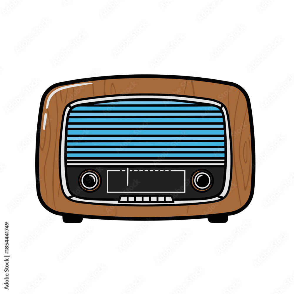 Fototapeta premium Retro radio with wooden casing and blue speaker grill on a white background