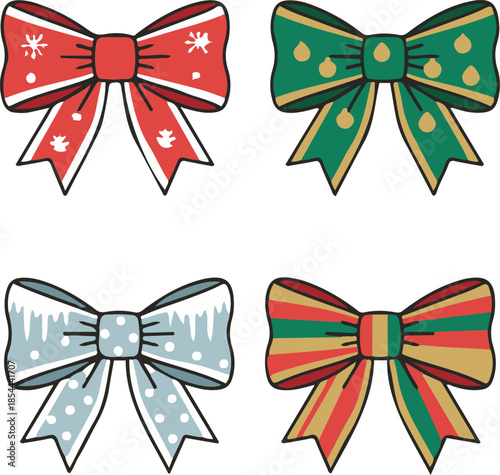 Set of four decorative Christmas gift bows featuring snowflake, gold dot, frosty icicle, and striped patterns vector illustration.