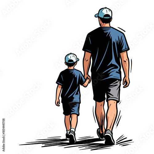 Father and son walking together in a happy mood, illustrated in a colorful style