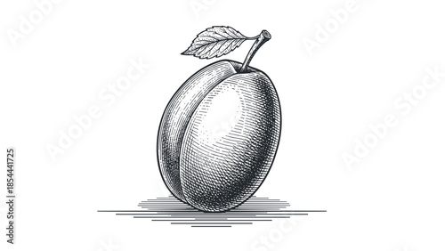 Realistic sketch of a plum fruit with a leaf on a white background