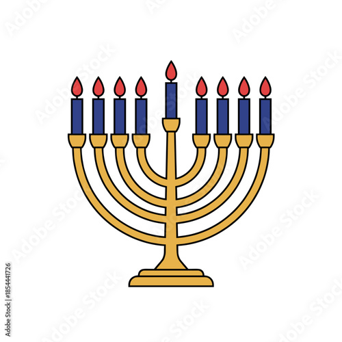 Colorful illustration of a menorah with candles, symbolizing the Hanukkah festival on a white background

