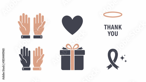Thank You Charity Support Icon Set with Hands Heart and Gift Symbols