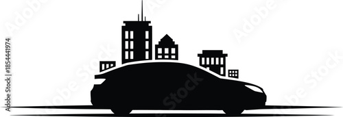 Silhouette of an electric car driving through a city