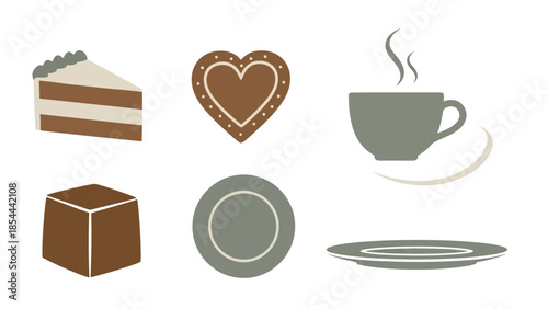 Vector Coffee and Snack Illustration Set Featuring Heart Cookie and Steaming Cup