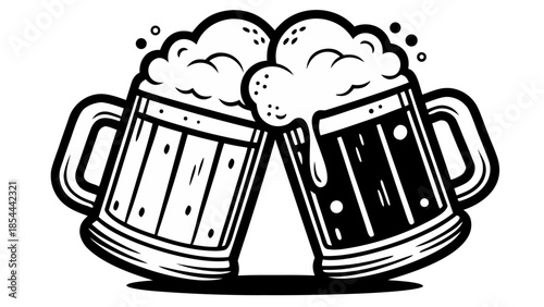 Pair of two beer mugs toasting with overflowing foam in a classic black and white woodcut style illustration on transparent background.