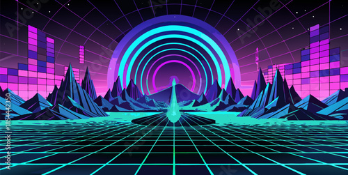 Vibrant synthwave landscape featuring a neon grid, abstract mountains, glowing rings, and equalizer elements in dynamic pink and blue hues.