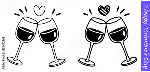 Two clinking wine glasses with a heart above for a happy Valentine's Day celebration in hand-drawn style.