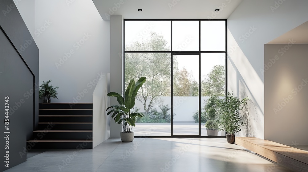 Fototapeta premium Modern and Stylish Entrance Hall with Simple Design, Glass Window, and Natural Light 