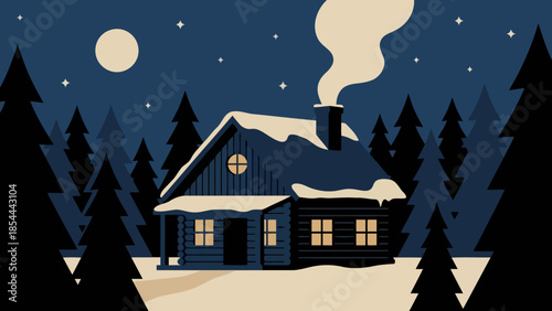 Cozy Snowy Cabin in a Quiet Forest Night.