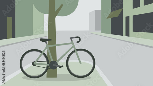 Classic bicycle leaning against tree on street.