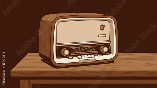 Vintage tabletop radio resting on wooden desk.