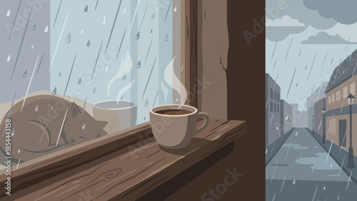 Cat on rainy windowsill gazing outside.