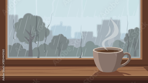 Solitary coffee cup resting on wooden windowsill.