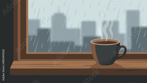 Cozy coffee cup on wooden Windowsill in Rain.