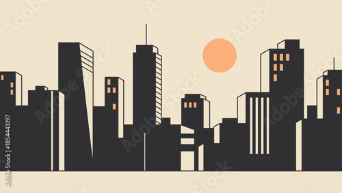 City skyline silhouette with modern buildings at sunset.