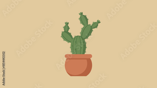 Cactus Plant in Clay Pot on Beige Background.