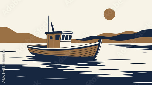 Wooden boat drifting on calm waters at sunset.