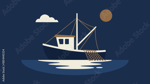 Solitary Fishing Boat at Dark Moonlit Sea.