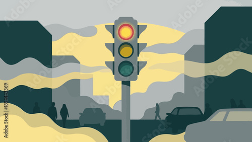 Traffic light standing at urban intersection.