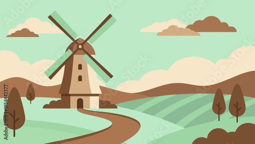 Whimsical Windmill Standing in Rolling Pastoral Landscape.