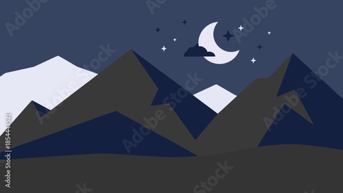 Nighttime mountain range under crescent moon.