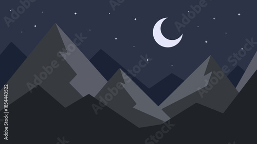 Nighttime mountain range silhouetted beneath crescent moon.
