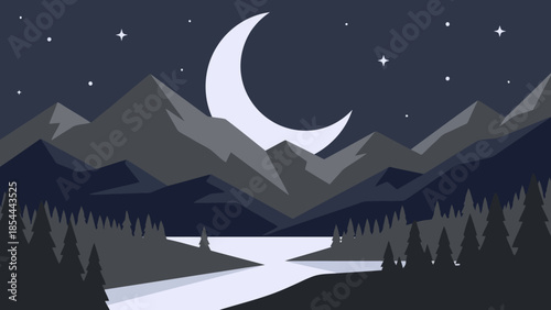 Moonlit Mountain Landscape with Crescent Moon.