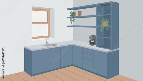 Blue L Shaped Kitchen Cabinet And Sink Corner.
