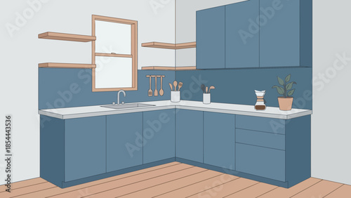 Modern blue kitchen cabinets and counter workspace.