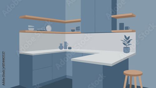 Modern blue reception desk in contemporary office interior.