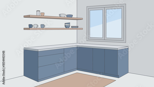 Modern blue kitchen cabinets with wall shelves.