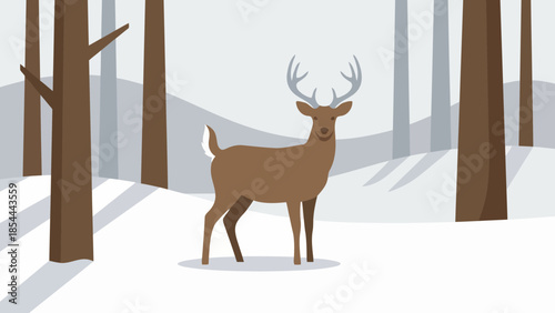Winter deer standing alone in snowy forest.
