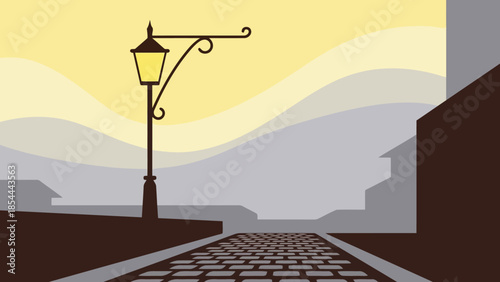 Vintage street lamp illuminating a quiet street.