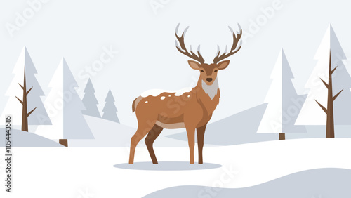 Majestic Winter Deer Stands Calm in Snowy Forest.