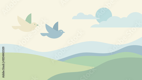 Blue and green birds in flight over rolling hills.