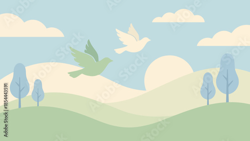 Graceful bird in flight above tranquil hills.