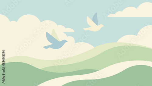 Stylized Hills Landscape With Birds Scene.