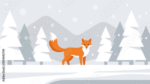 Fox in Winter Snow Forest Scene Centered.
