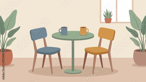 Round table with three colorful chairs in cozy interior.