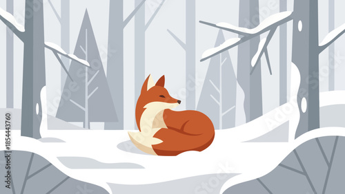 Sleeping fox nestled in snowy forest scene.