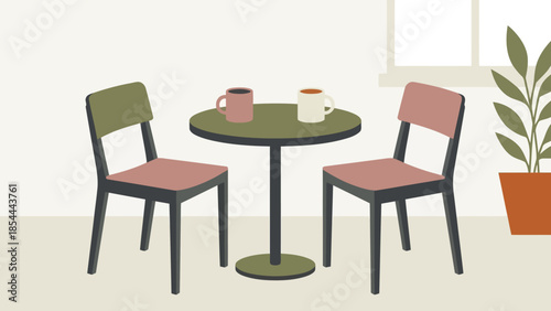 Round dining table with two chairs in a minimalist interior.