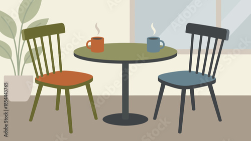 Two colorful chairs around a round table with cups.