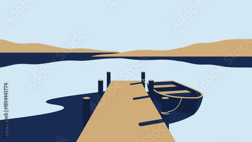 Stylized Wooden Dock with Boat at Water Edge.