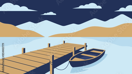 Calm wooden dock with a small boat at the lakeside.